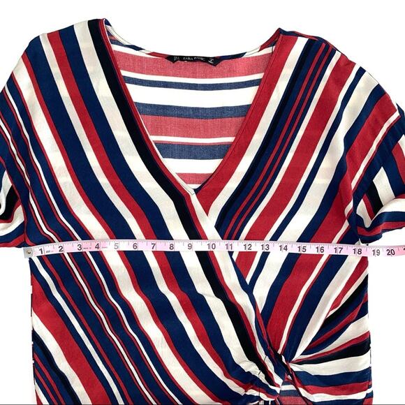 Zara Nautical Red White Blue Striped Drape Tie Waist V-Neck Top Size Small - Picture 10 of 12